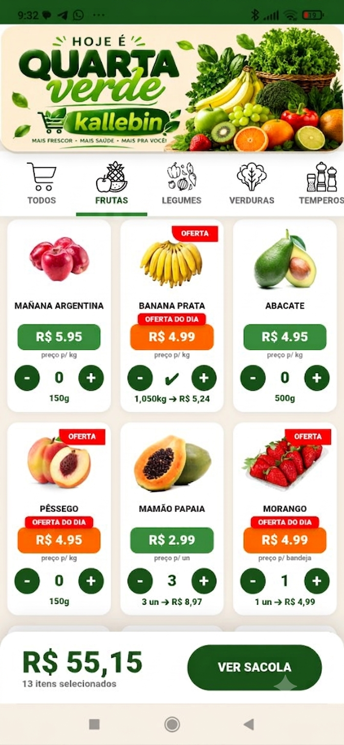 Catálogo da Vitrine Virtual Hortifruti com abas de categorias, ofertas do dia e sacola de compras