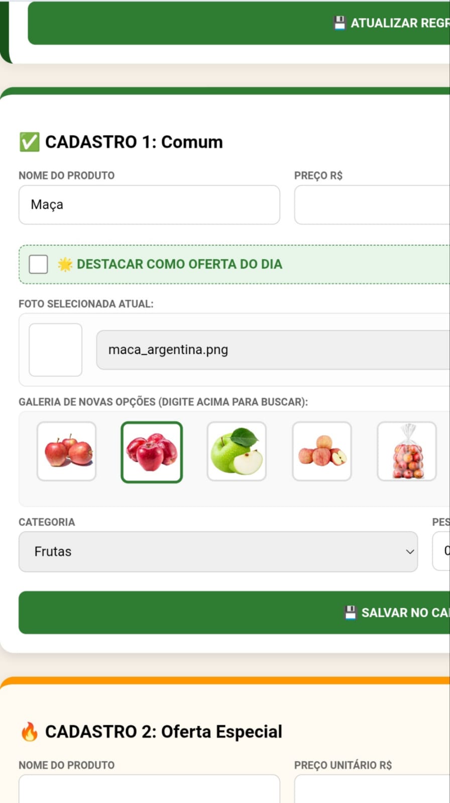 Painel de cadastro inteligente mostrando busca por Maçã, galeria de fotos, categoria Frutas e opção de oferta do dia