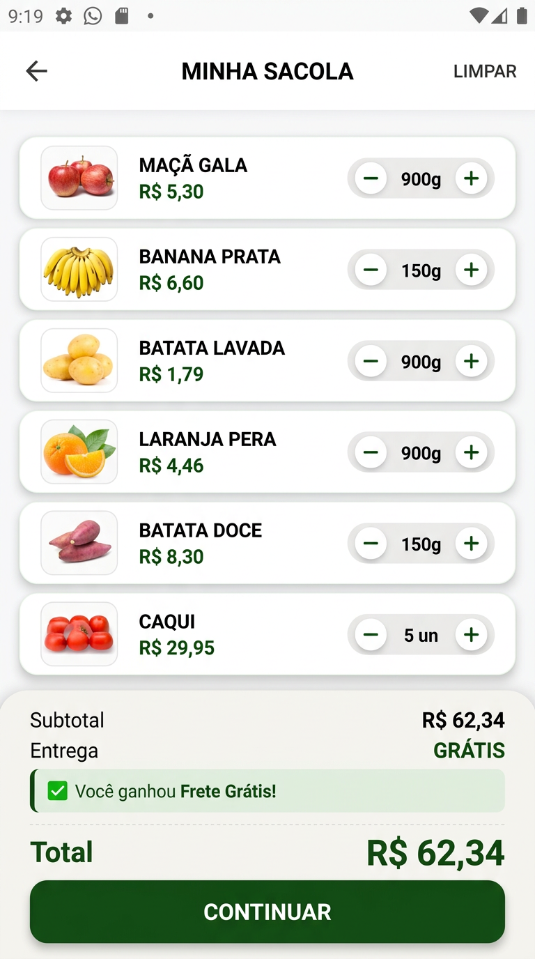 Tela Minha Sacola da Vitrine Virtual Hortifruti, com itens, quantidades e total do pedido